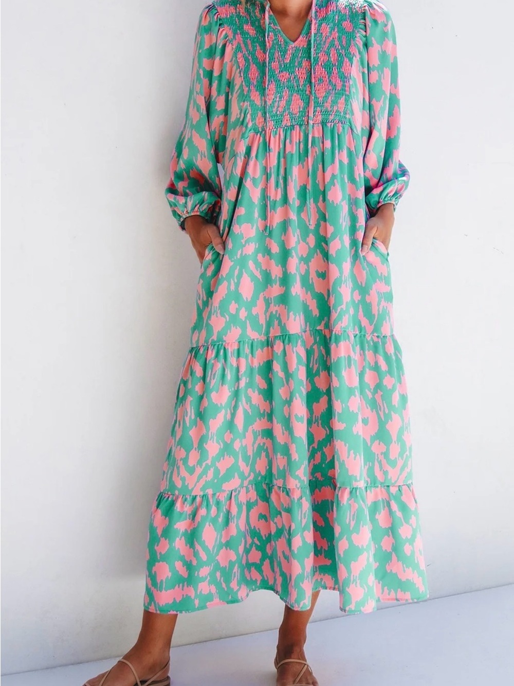Women's Mint and Pink Printed Smocked Maxi Dress